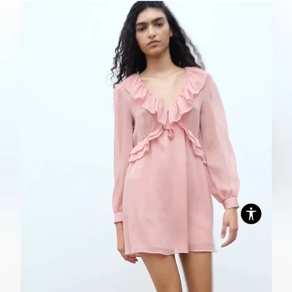 zara pink ruffle sleeve dress ZARA VINTAGE MAUVE PINK RUFFLE SLEEVE SATIN DRESS SIZE M